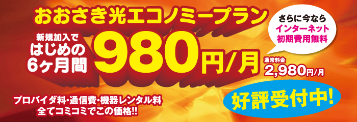 おおさき光 エコノミープラン登場! 新規加入ではじめの6ヶ月間980円/月でご利用いただけるキャンペーン実施中!